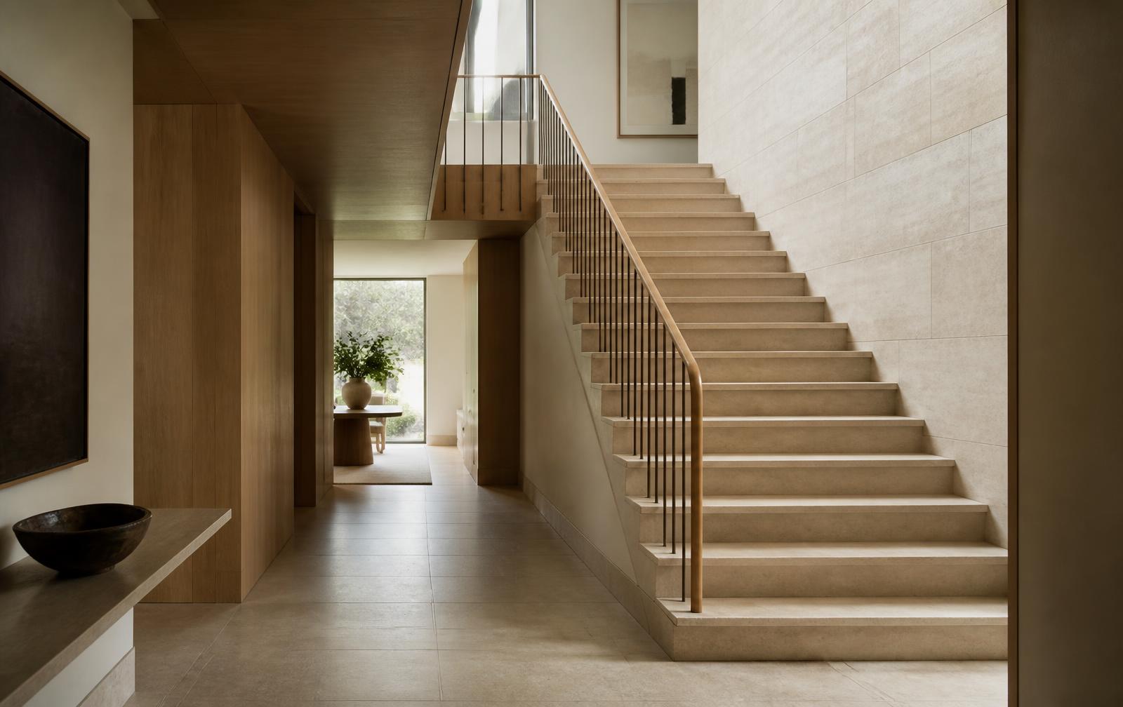 Calm contemporary entry hall with a pale stone staircase and slender balustrade in soft daylight