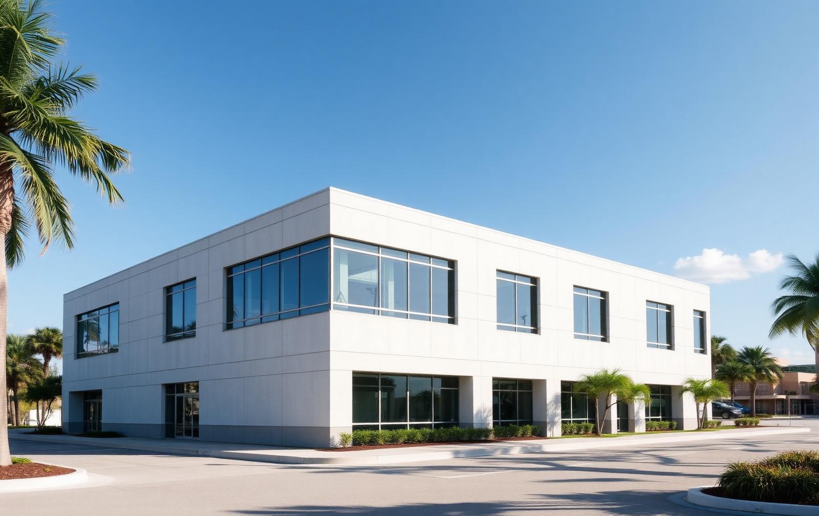 Low-rise contemporary commercial office building with a pale stone facade