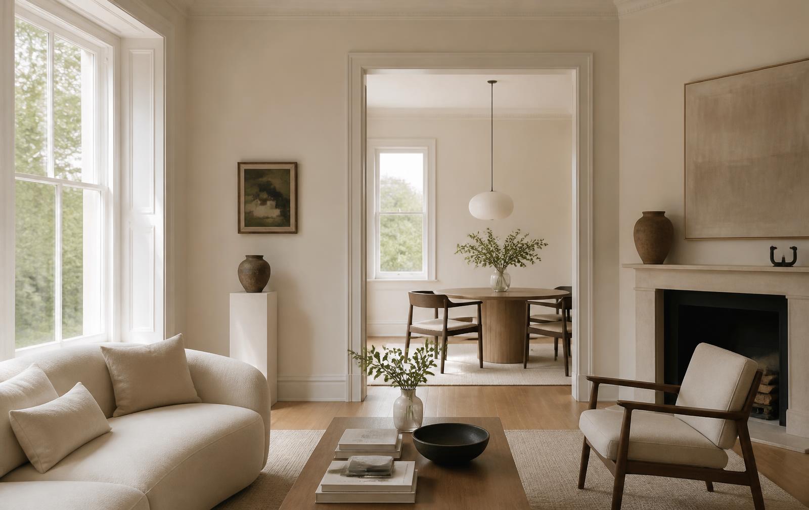 Calm, neutrally furnished living room with natural daylight