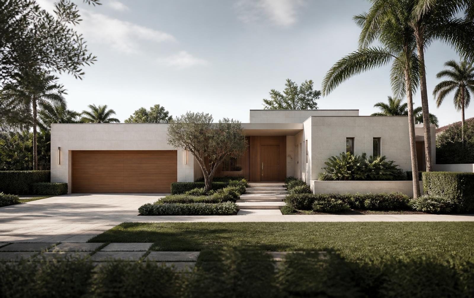 Calm single-family residence with limestone facade and mature landscaping in soft morning light